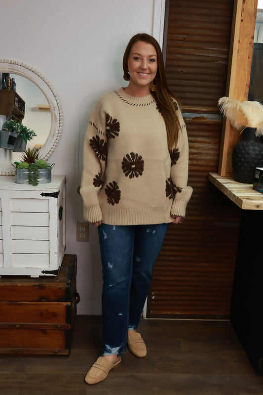 Tan and brown retro flower sweater