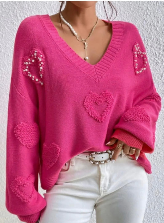 Pink Pearl Embellished Heart Sweater